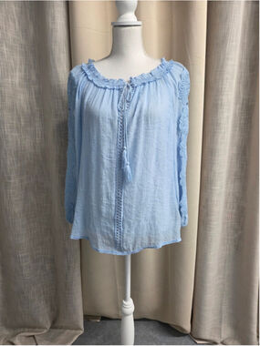 Zac & Rachel Sky Blue Peasant Blouse Crochet Sleeve Cottagecore Feminine Size L